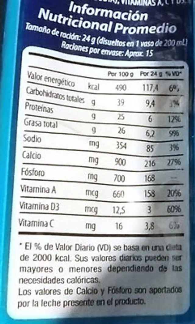 Leche Entera en Polvo Instantánea nutrition facts table