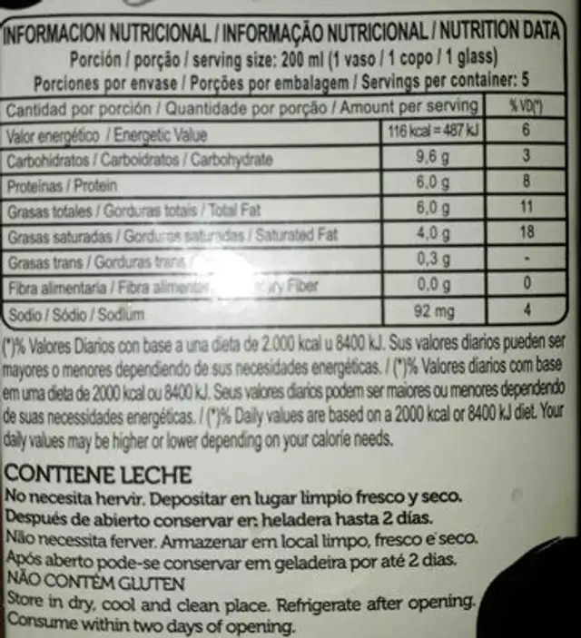 Leche baggio 1lt ingredients label