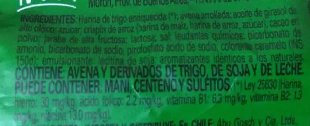 Galletitas dulces con avena y cacao ingredients label