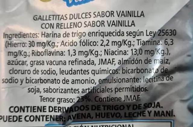 Mini coronitas sabor vainilla ingredients label