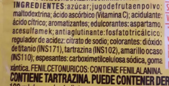 Jugo sabor naranja-banana marca Arcor ingredients label