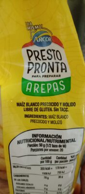 Arcor arepas ingredients label
