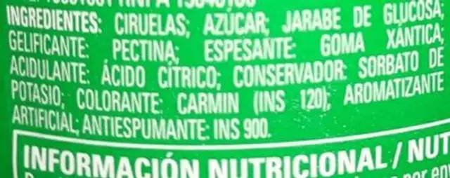 Mermelada de Ciruela Light ingredients label