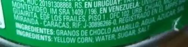 Choclo Amarillo Entero ingredients label