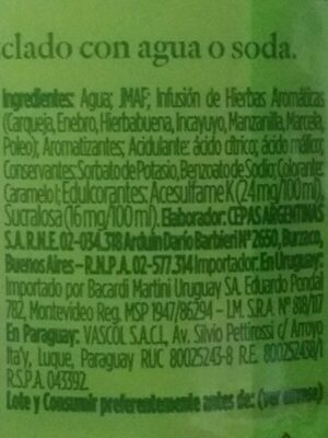 Terma cuyano, enebro y poleo ingredients label