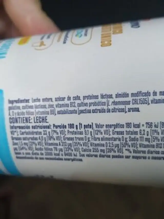 Yogurisimo Natural Endulzado ingredients label