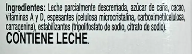 Chocolatada Clásica La Serenisima ingredients label