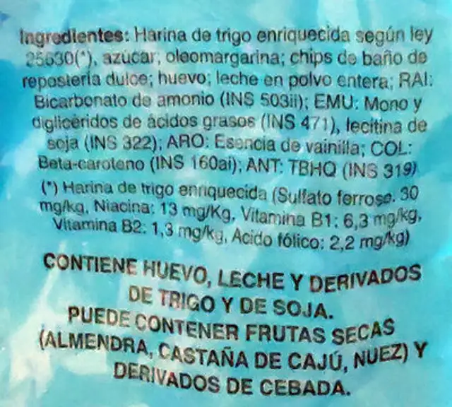 Yayita con Pepitas ingredients label
