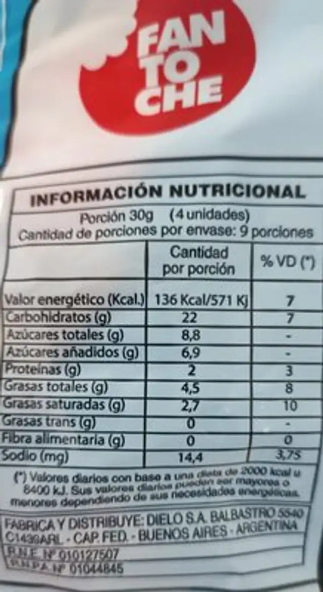 Yayita con Pepitas nutrition facts table