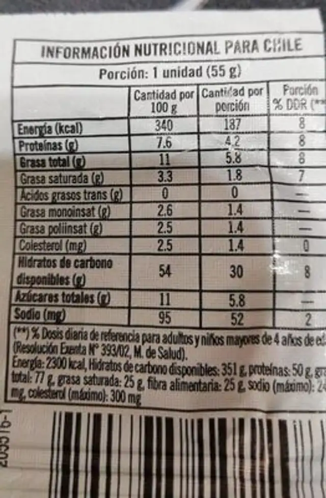 Alfajor semilla nutrition facts table