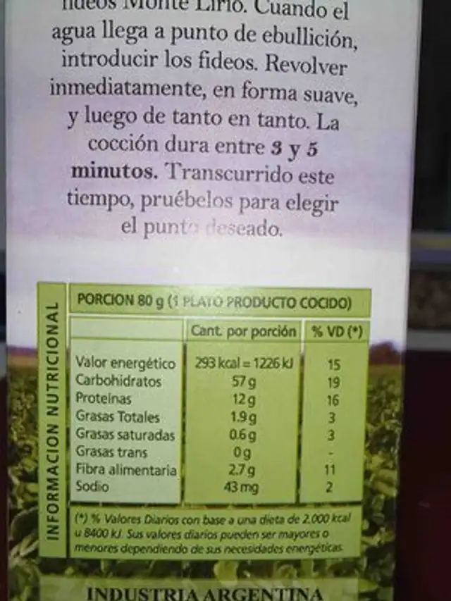 Fideos dos vueltas nutrition facts table