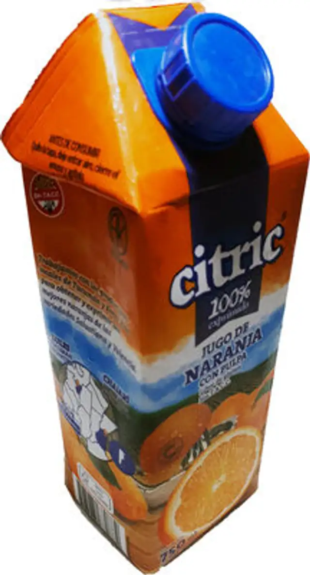 Jugo de naranja con pulpa 100% exprimido front packaging