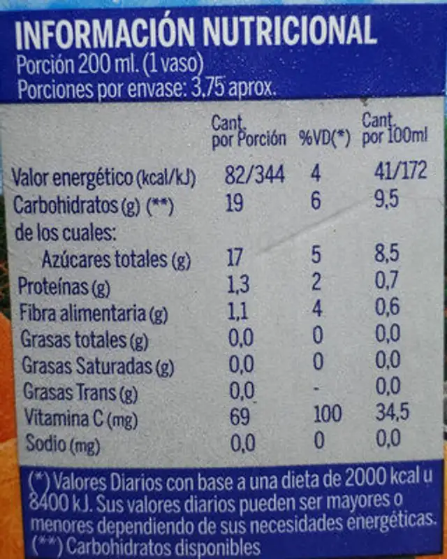 Jugo de naranja con pulpa 100% exprimido nutrition facts table