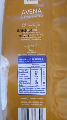 Avena Instantánea ingredients label