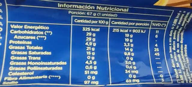 Vainilla Split nutrition facts table