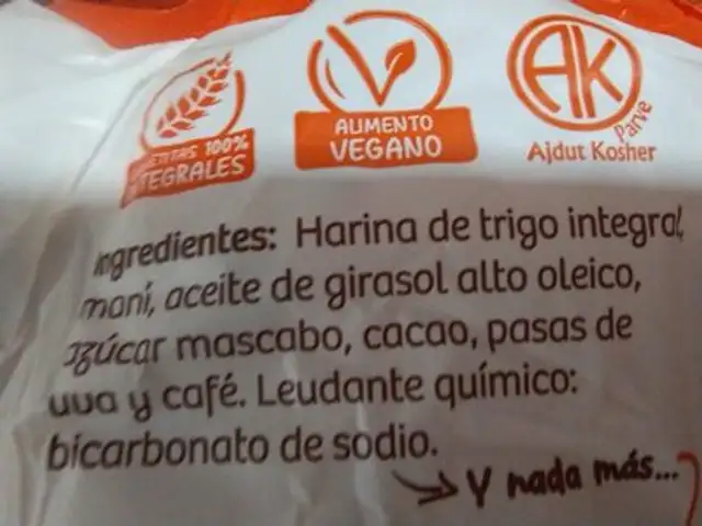 Galletitas cacao, maní y café ingredients label