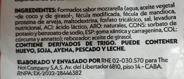 Not Cheese Bastoncitos ingredients label