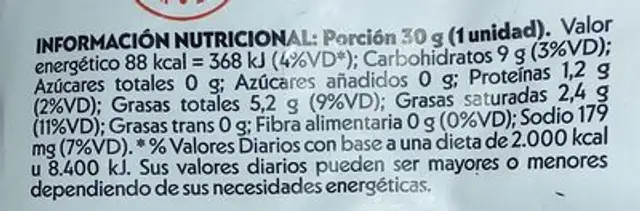Not Cheese Bastoncitos nutrition facts table