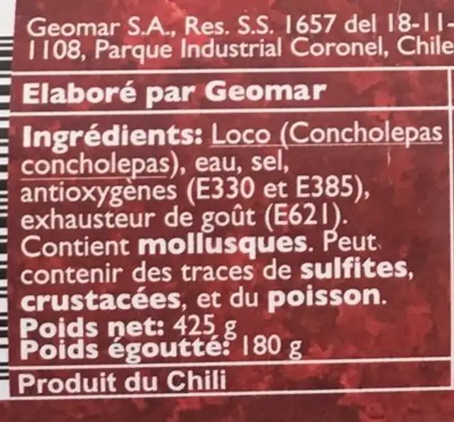 Abalone ingredients label