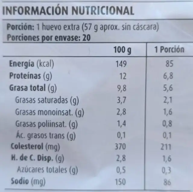Huevos Edtra Blanco nutrition facts table