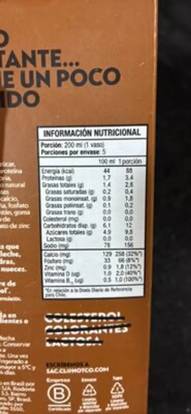 NOT MILK nutrition facts table