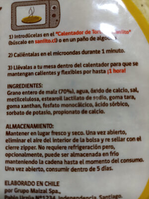 Tortilla de Maíz ingredients label