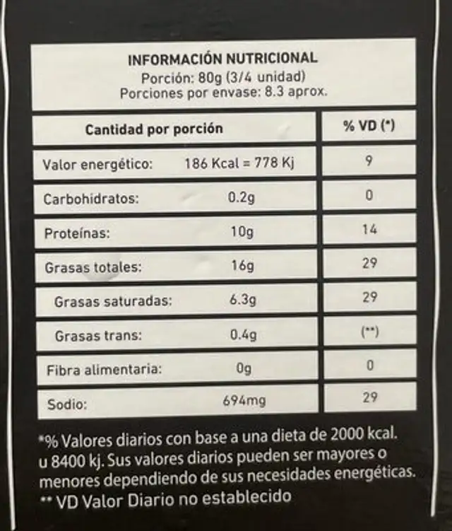 Hamburgesa Parrillera nutrition facts table