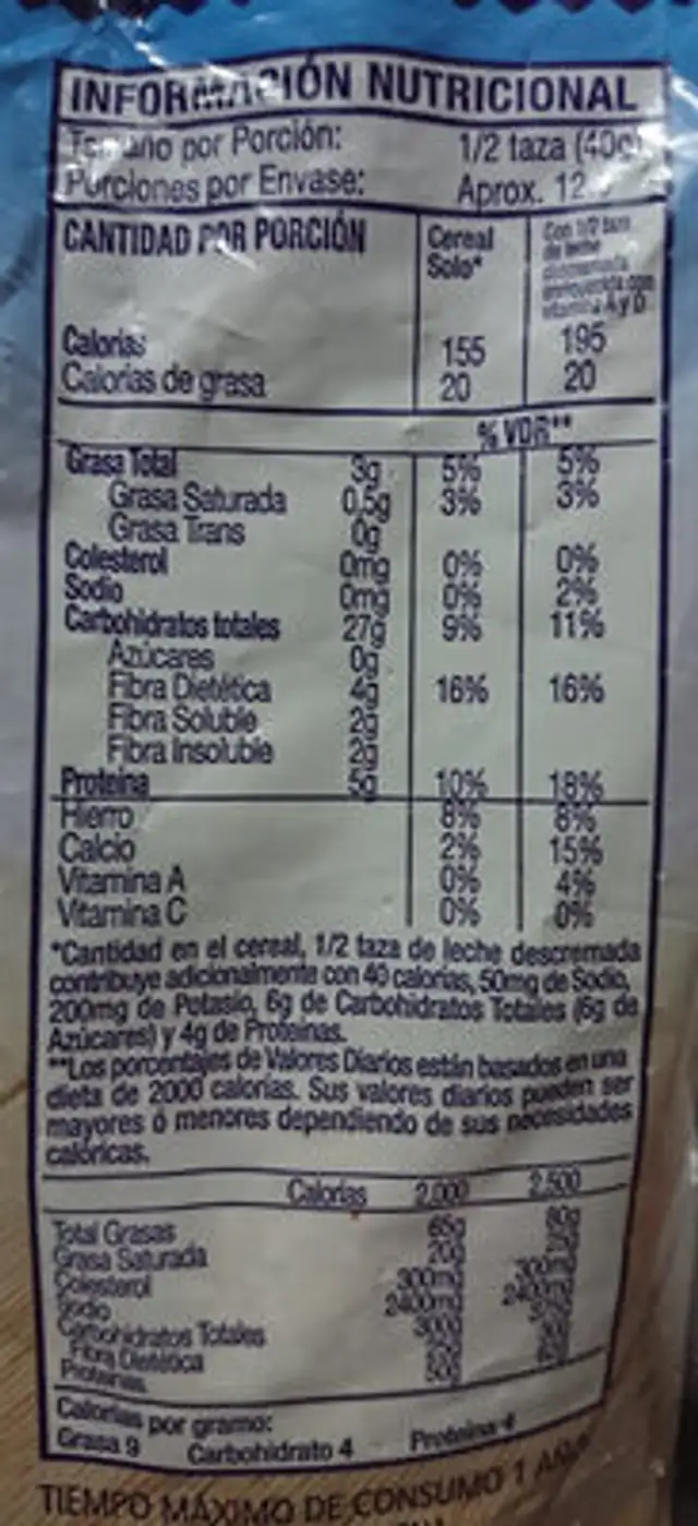 Quaker Oak Flakes ingredients label
