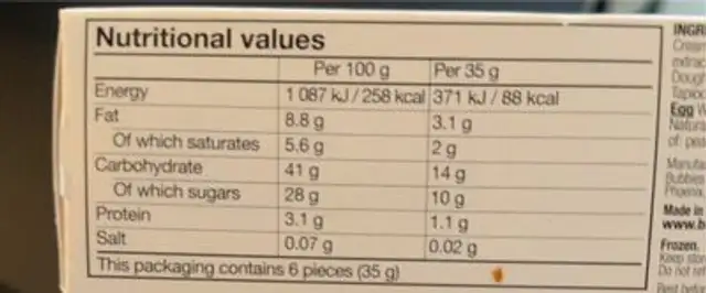mochis nutrition facts table