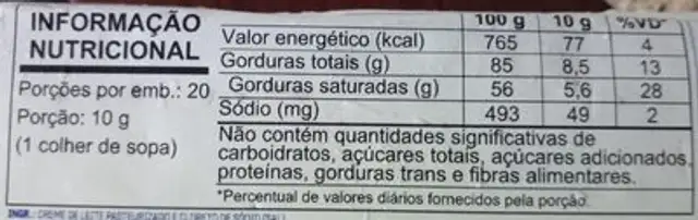Manteiga extra com sal nutrition facts table