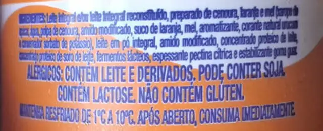 Iogurte Integral Laranja, Cenoura E Mel Batavo Copo 170g ingredients label