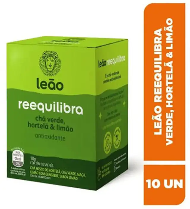 Chá Verde Hortelã E Limão Leão Reequilibra Caixa 18g 10 Unidades front packaging