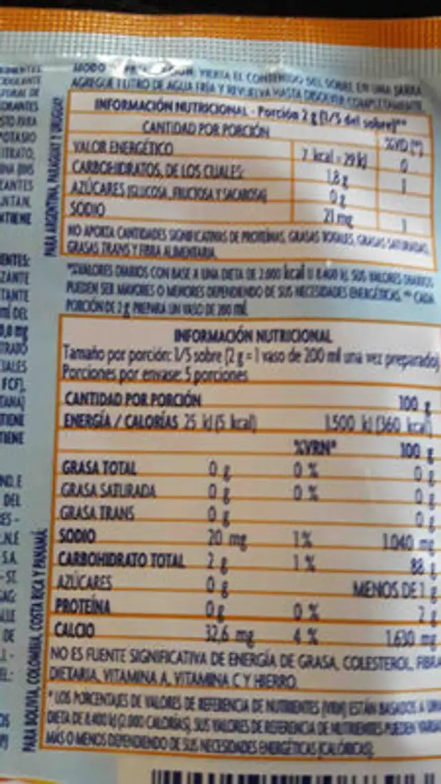 Jugo Frutta mi ingredients label