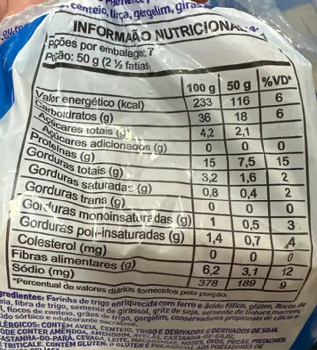 Pão Benefice light nutrition facts table