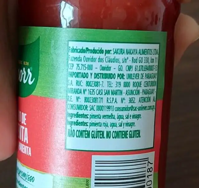 Molho De Pimenta Knorr Vidro 150ml ingredients label