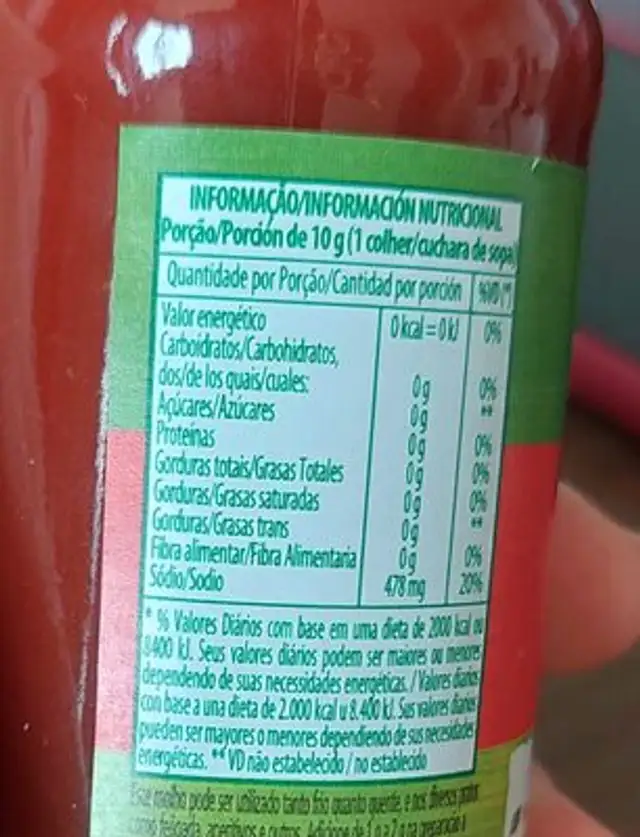 Molho De Pimenta Knorr Vidro 150ml nutrition facts table