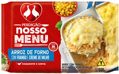 Arroz De Forno Com Frango E Creme De Milho Perdigão Nosso Menu Pacote 600g front packaging