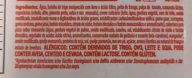 Lasanha de Frango ingredients label
