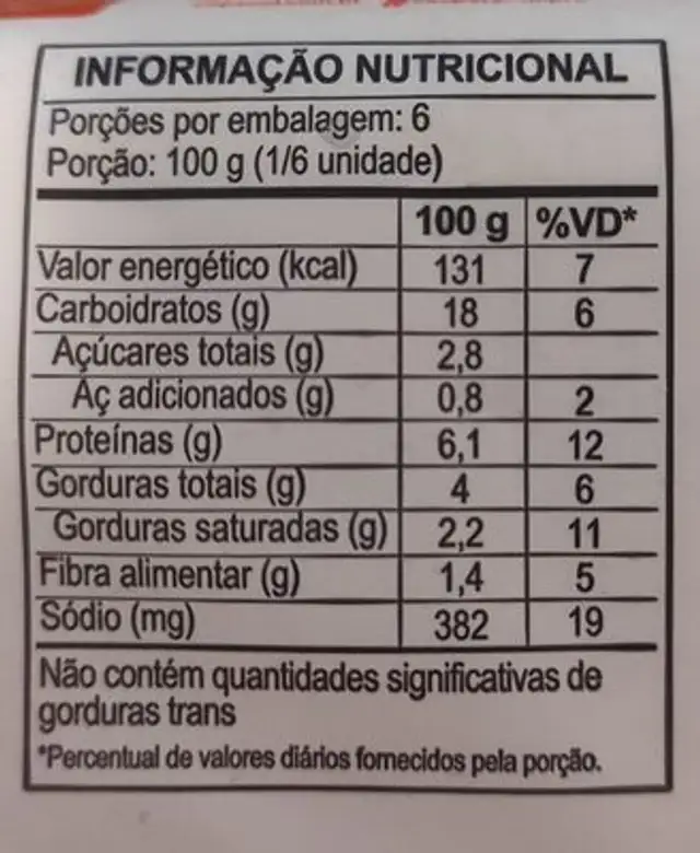Lasanha de Frango nutrition facts table