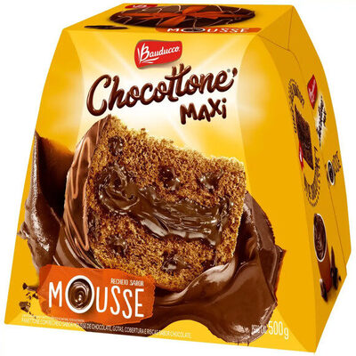 Panettone Chocolate Recheio Mousse Cobertura Chocolate Bauducco Chocottone Maxi Caixa 500g front packaging