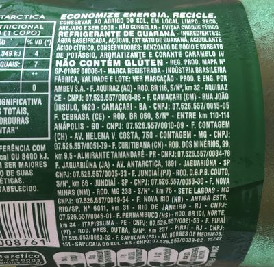 Refrigerante Guaraná Antarctica - Pet ingredients label