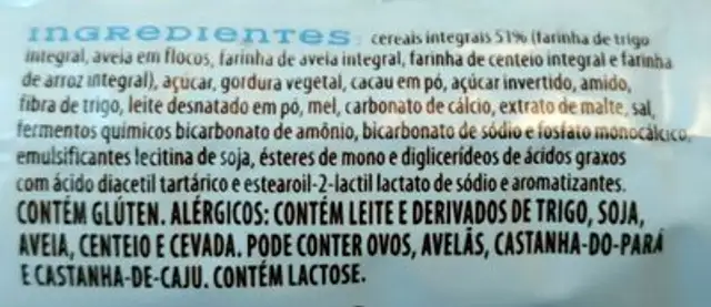 Biscoito integral cacau e mel ingredients label