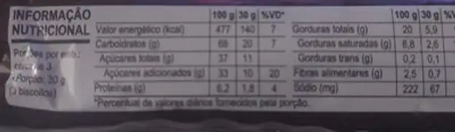Biscoito Recheio Chocolate Piraquê Pacote 76g nutrition facts table