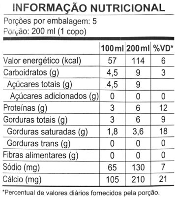 Leite UHT Integral nutrition facts table