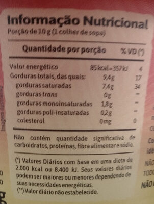 Manteiga de coco sabor manteiga sem sal 200g nutrition facts table