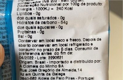 Tapioca nutrition facts table