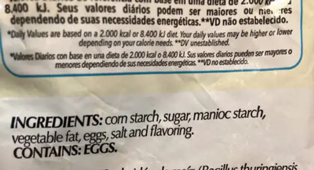 Sequilhos Classicos ingredients label