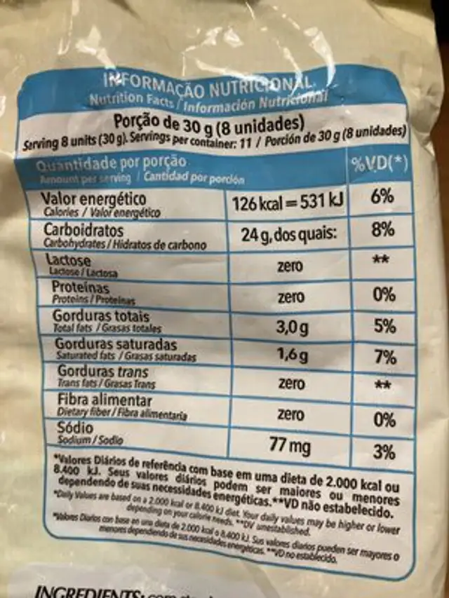 Sequilhos Classicos nutrition facts table
