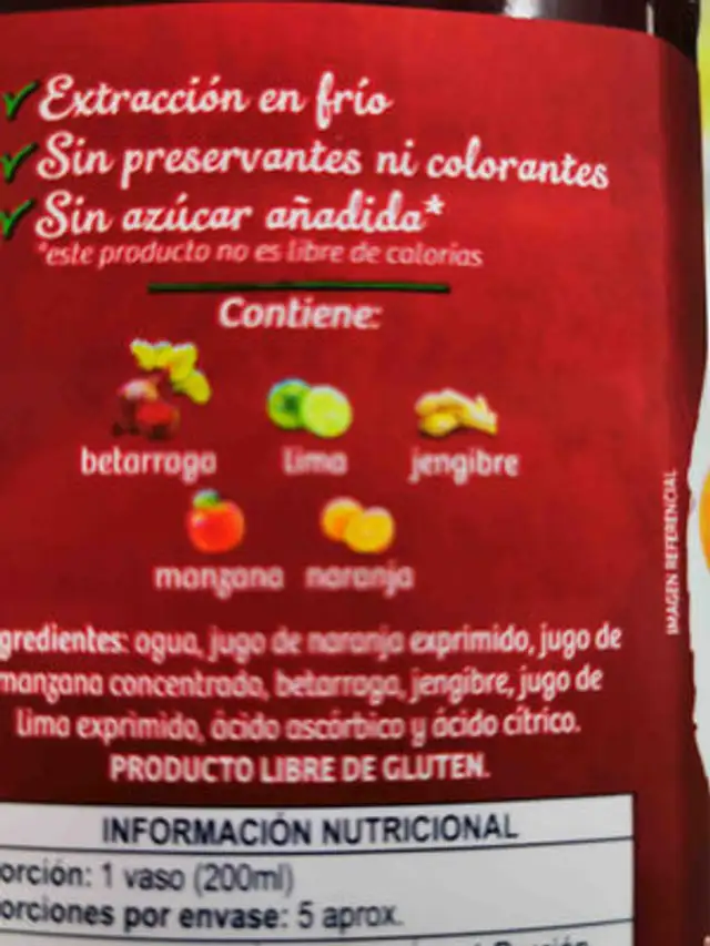 Mixed Beetroot, Orange, Apple, Ginger and Lemon blended Juice (Veggie Beet) ingredients label