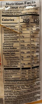 Spanish Style Rice nutrition facts table